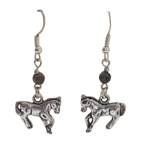 Silver Labradorite Bead Horse Earrings with 925 Silver Findings