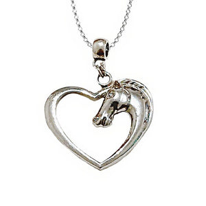 Silver Loveheart Horse Pendant Charm Necklace with horsehead design and 55 cm box chain.