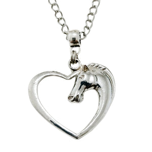 Silver Loveheart Horse Pendant Charm Necklace with horsehead design on box chain.