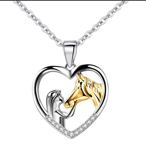 Silver Loverheart with Girl and Gold Horse Necklace - AbcdepaHorseJewelry