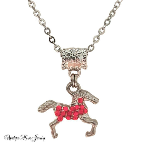 Silver Red Spotted Crystals Horse Charm Necklace with Heart and Birthstone Option on 50cm Stainless Steel Chain