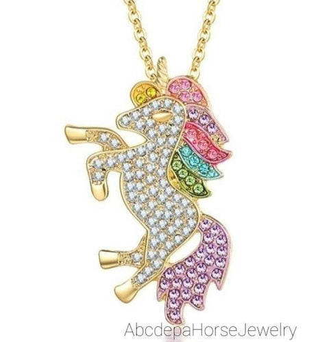 Sparkle Unicorn Yellow GP Crystal Necklace with rainbow mane and tail.