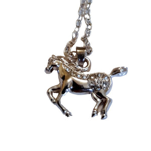 Spotted crystal silver horse pendant chain - with lobster clasp on stainless steel necklace.