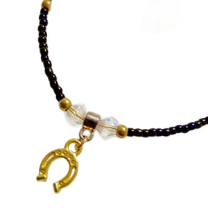 Tiny Gold Horseshoe with Crystals on Beaded Bracelet. - AbcdepaHorseJewelry