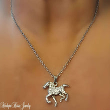 Trotting Horse Charm Necklace with clear rhinestones on stainless steel chain.