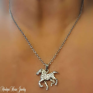 Trotting Horse Charm Necklace - with clear rhinestones on stainless steel chain.