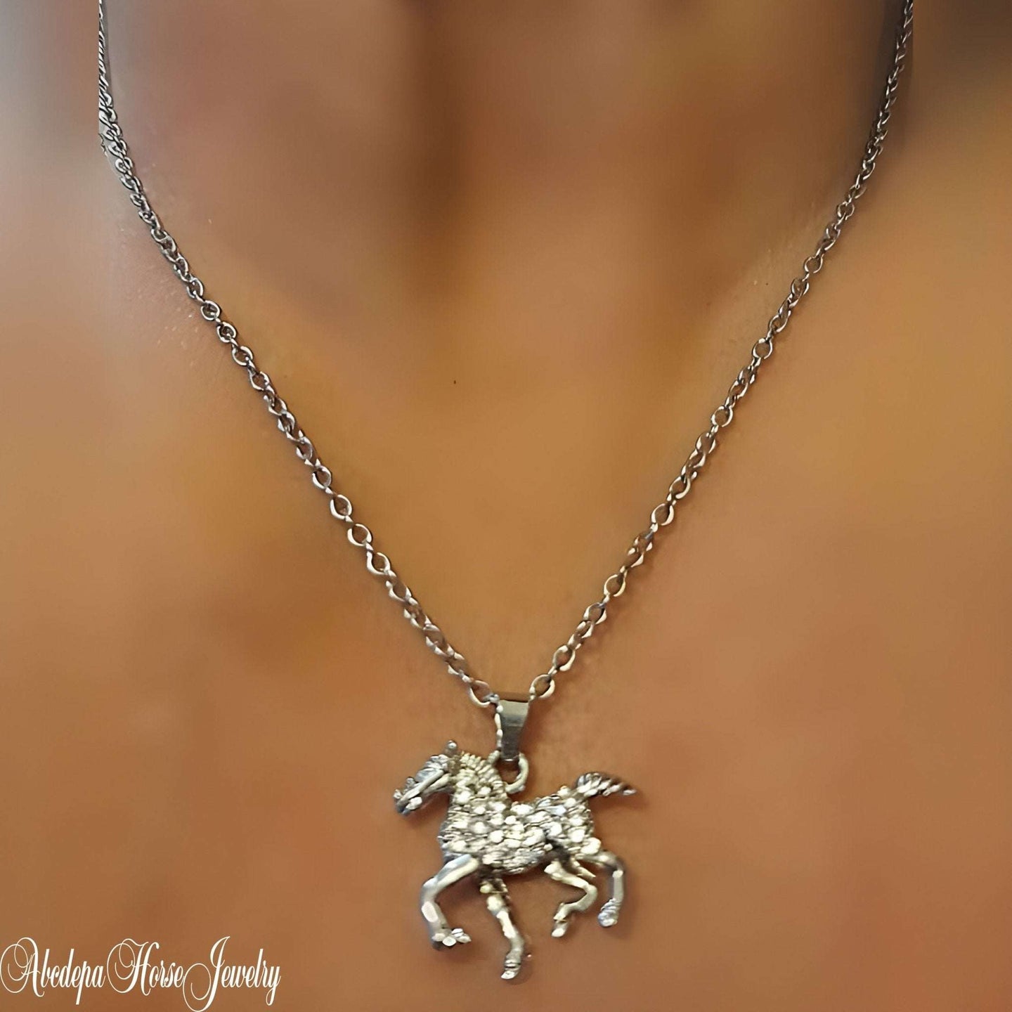 Trotting Horse Charm Necklace - with clear rhinestones on stainless steel chain.