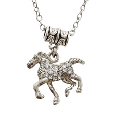 Trotting Horse Charm Necklace - with Rhinestones on Stainless Steel Chain