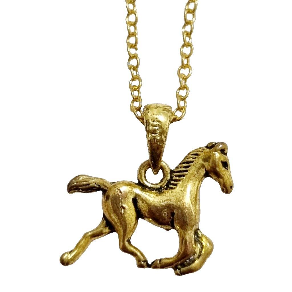 Trotting Horse Pendant Necklace in antique gold finish on a stainless steel chain.