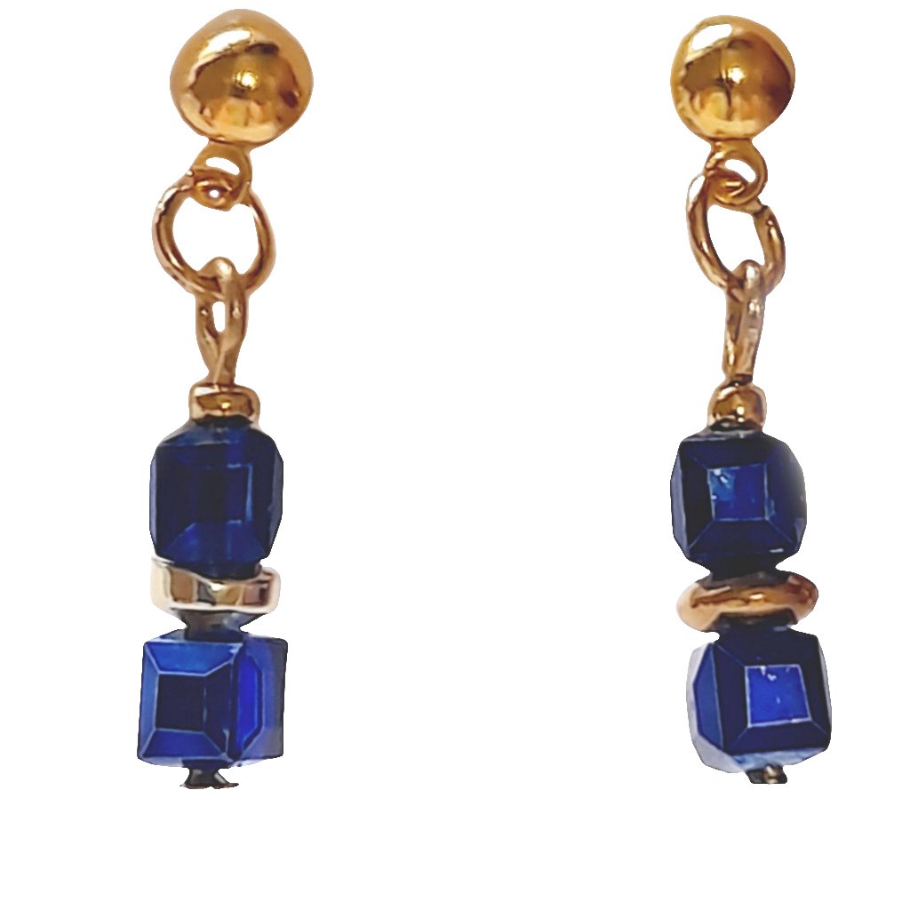 Two Blue Cube and Gold Color Earrings - AbcdepaHorseJewelry