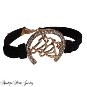 Two Gold Horse Head Bracelet with Crystals and Black Cord