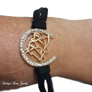 Two Gold Horse Head Bracelet - with crystals and black cord.