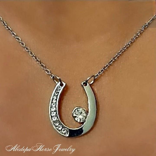 Crystal Upside Down Horseshoe Silver Necklace with Sparkling Stones and Cubic Zirconia on a 55cm Chain.