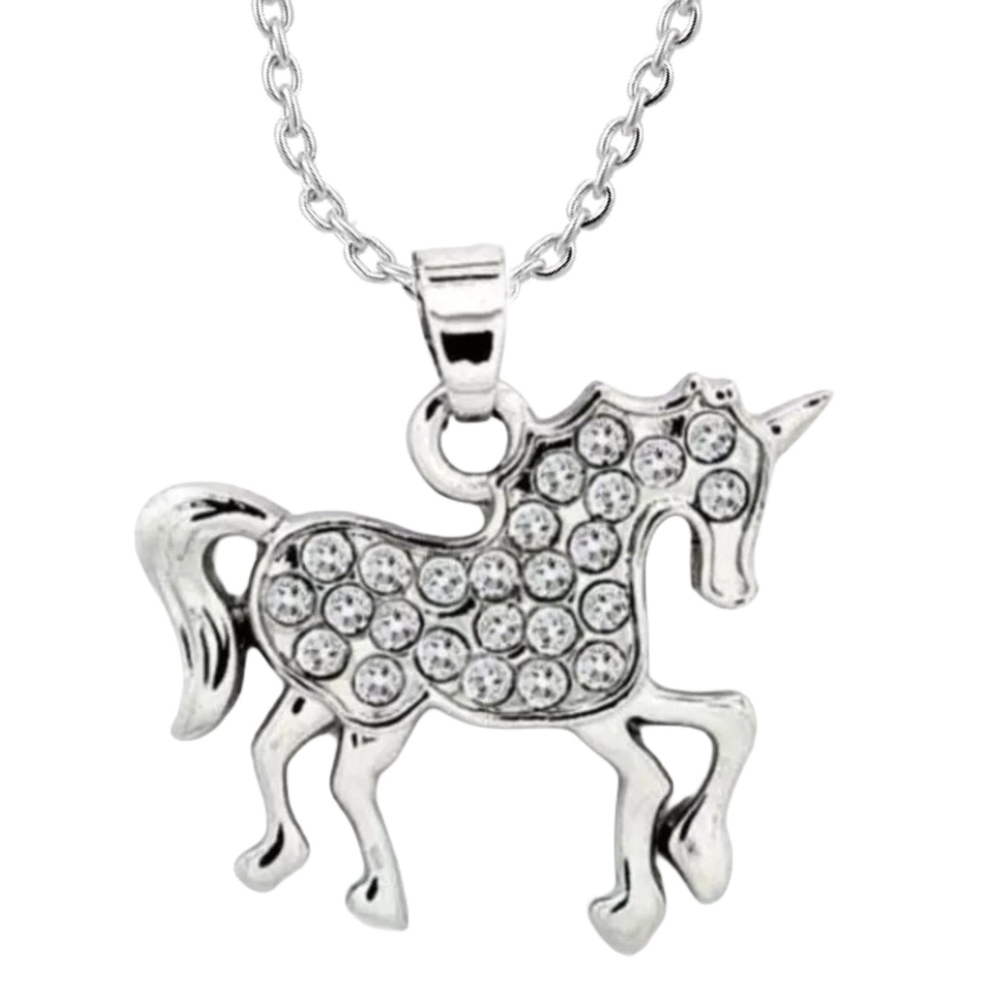 Unicorn Clear Crystals Silver Chain Necklace - AbcdepaHorseJewelry