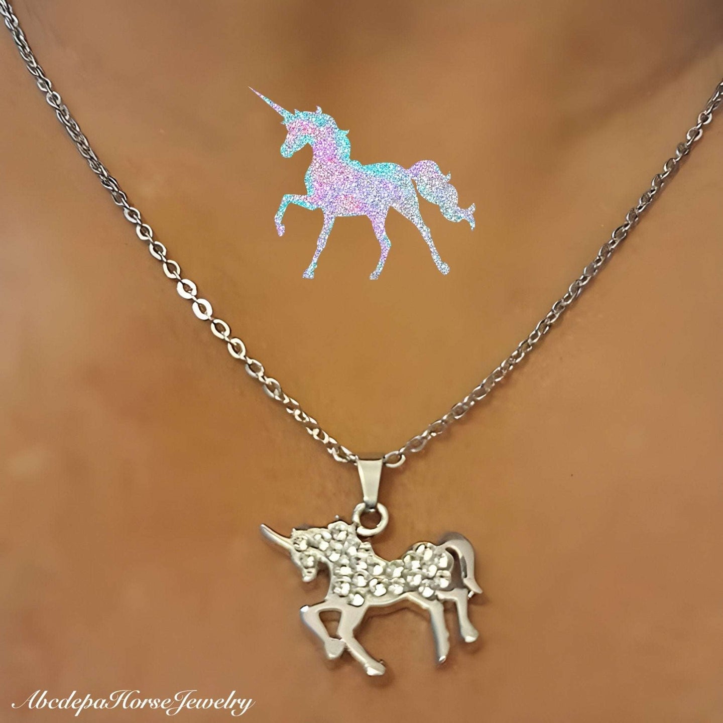 Unicorn Clear Crystals Silver Chain Necklace with Stainless Steel Pendant