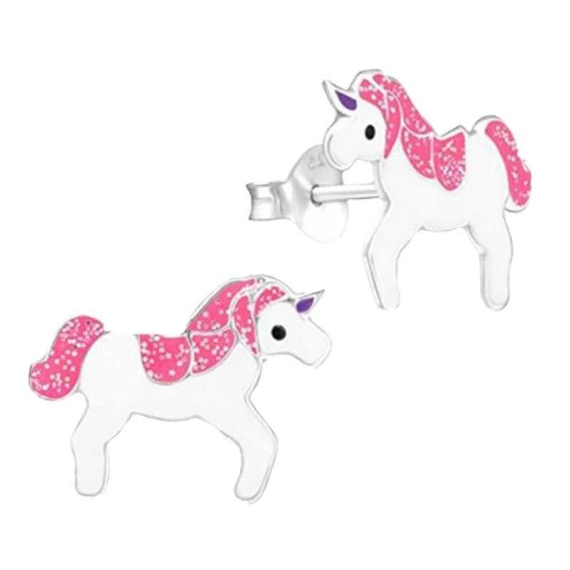 Unicorn pink glitter mane studs earrings for children.