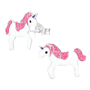 Unicorn earrings with pink glitter mane for children.