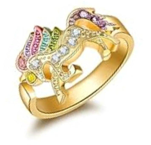 Unicorn childrens gold adjustable ring - with colorful rhinestones on mane.