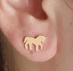 Unicorn gold studs earring with pony and unicorn design.