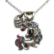 Unicorn Loveheart Charm Pendant Necklace - with colorful gemstones and "Never forget that I love you" inscription.