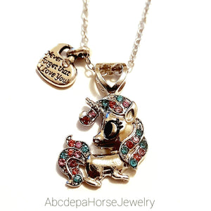 Unicorn Loveheart Charm Pendant Necklace - with colorful gemstones and a love inscription tag.