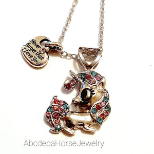 Unicorn Loveheart Charm Pendant Necklace - with colorful crystals and heart charm.