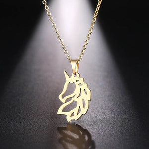 Gold-tone unicorn pendant necklace with a 45cm chain and lobster claw clasp.