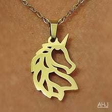 Gold-tone unicorn necklace with stainless steel pendant on a 45cm chain, featuring a lobster claw clasp. Ideal gift for horse and jewelry lovers.