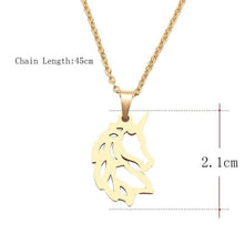 Gold-tone unicorn necklace with a stainless steel pendant on a 45cm chain.