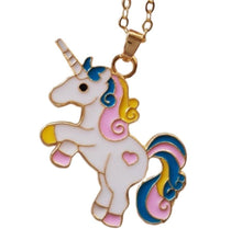 Handcrafted unicorn pendant necklace with white and gold unicorn, purple heart, and blue rainbow tail on a 50cm gold chain.