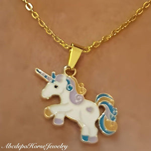 Unicorn Pendant Necklace with Gold Chain, White and Gold Unicorn, Purple Heart, Blue Rainbow Tail.