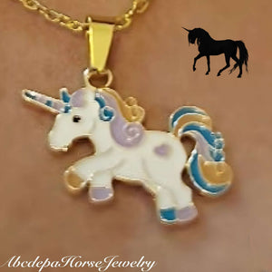 Handcrafted Unicorn Pendant Necklace with Purple Loveheart and Blue Rainbow Tail on Gold Chain