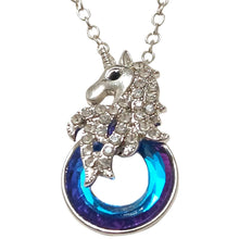 Unicorn round crystal silver pendant necklace - with blue-purple color-changing crystal.