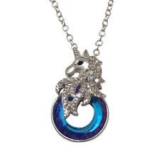 Unicorn Round Crystal Silver Pendant Necklace - with blue-purple color-changing crystal.