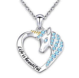 Unicorn Blue Stones Love Heart Necklace with Crystals and Stainless Steel Chain