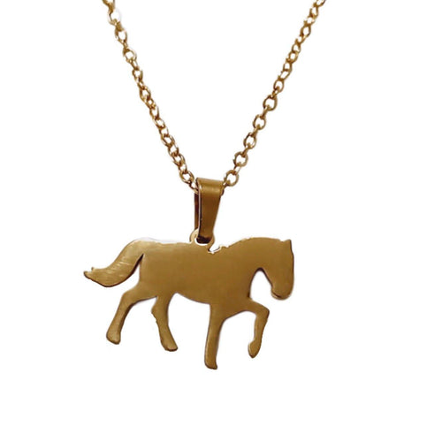 Gold walking horse pendant necklace on a stainless steel chain.