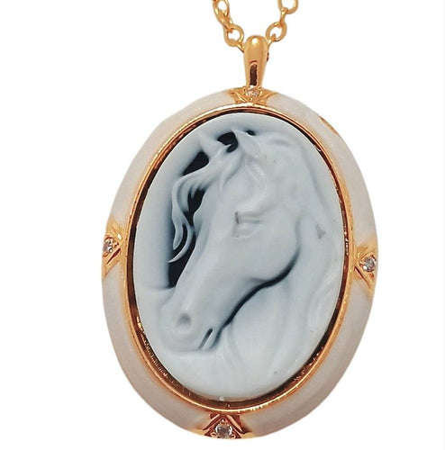 White Horse Oval Pendant Necklace with Grey Background and Gold Stainless Steel Chain