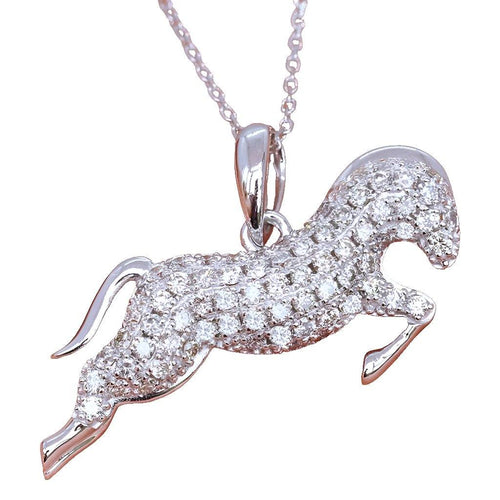 Silver and Clear Zirconia Horse Pendant Necklace with Crystal Inlaid Pony on Stainless Steel Chain