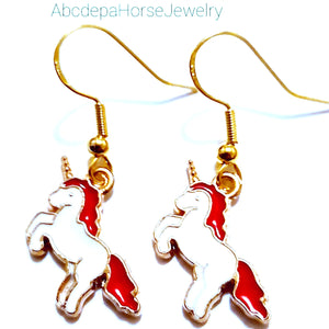 Red White Gold Unicorn Earrings