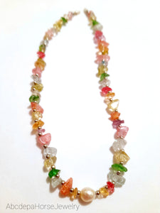 Colorful Stones Pearls Silver Necklace