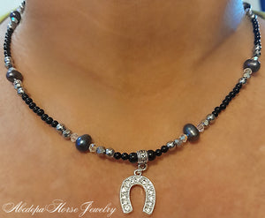 Black Tahitan Pearls with Crystals and Black Beaded Horseshoe Necklace