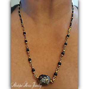 Black Lava Gold Stone Bead Necklace