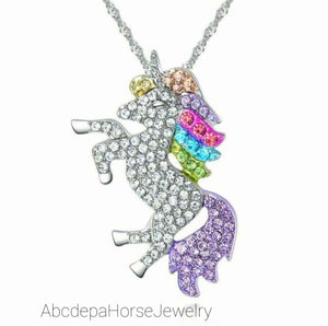 Rainbow Crystal Silver Unicorn Necklace