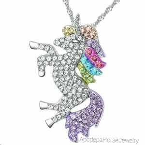 Rainbow Crystal Silver Unicorn Necklace