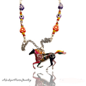 Red Purple, Silver, Colourful Horse Necklace